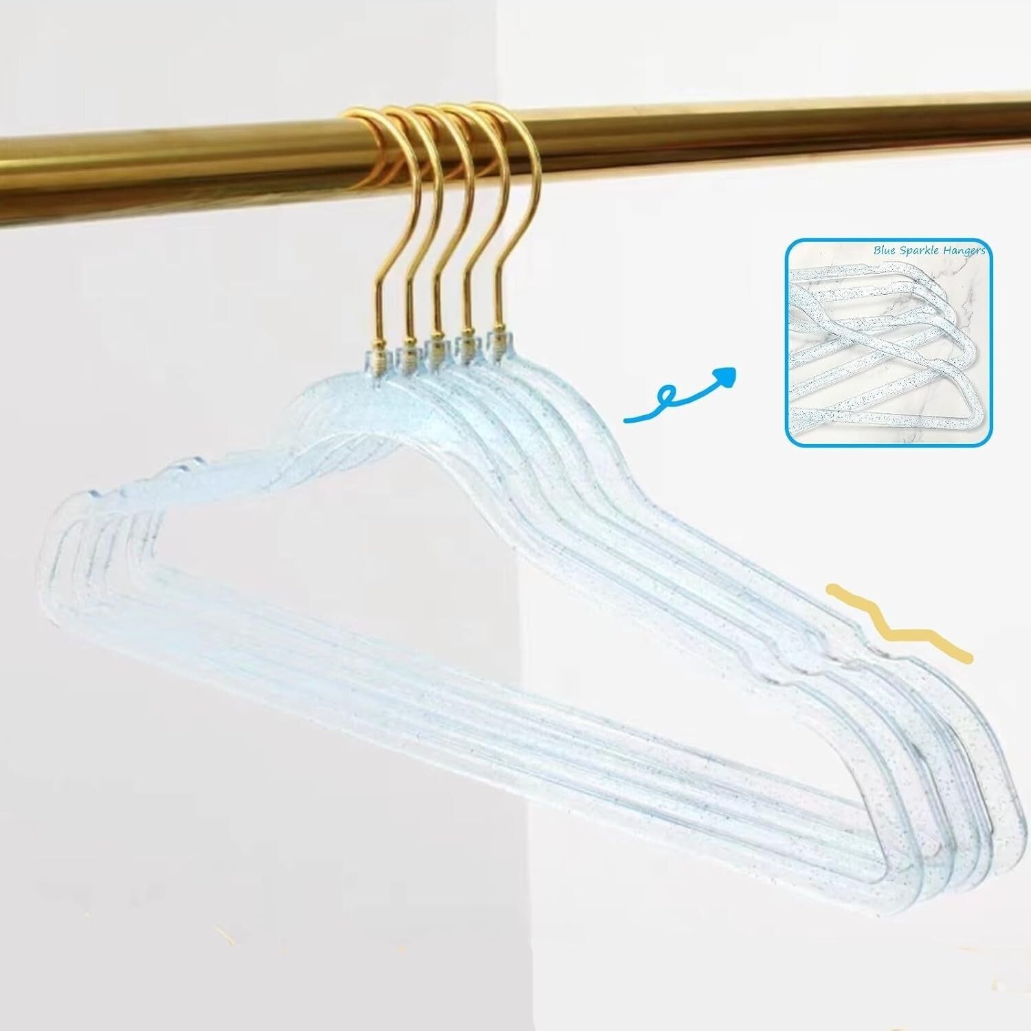 40 Pack Blue Glitter Hangers with Gold Swivel Hooks - Space Saving & Stylish