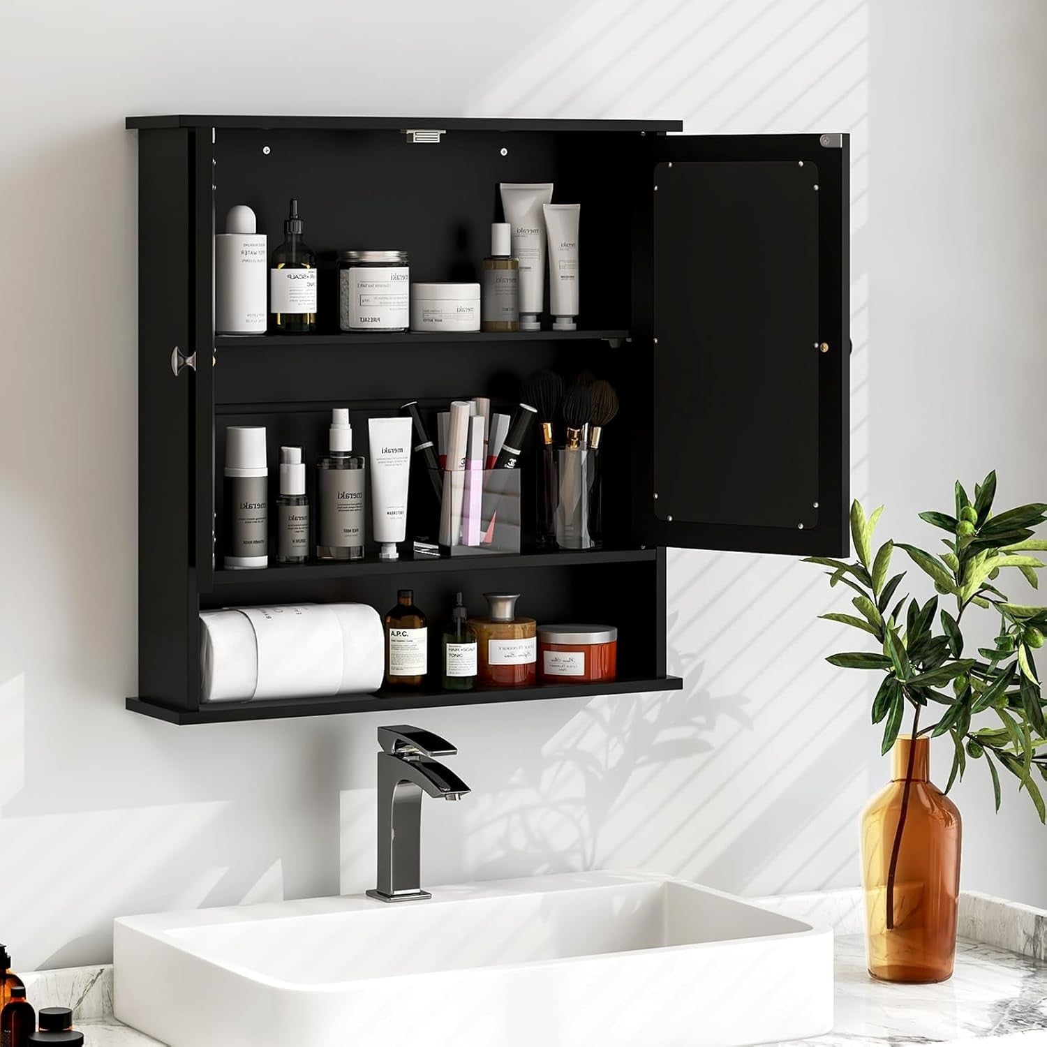 Black Wooden Bathroom Organizer with Double Mirror Doors - Space-Saving Design