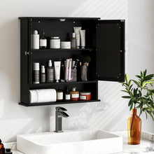 Load image into Gallery viewer, Black Wooden Bathroom Organizer with Double Mirror Doors - Space-Saving Design