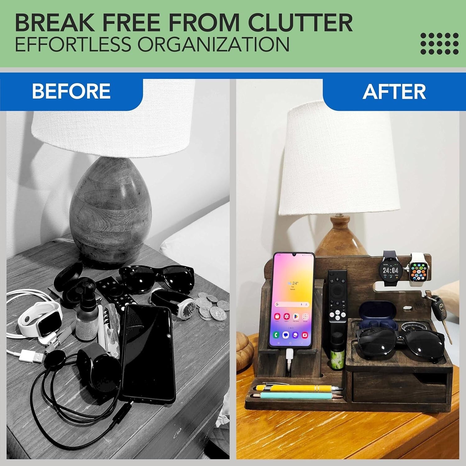 Elegant Rustic Gray Nightstand Organizer - Functional Dock for Phone & Wallet