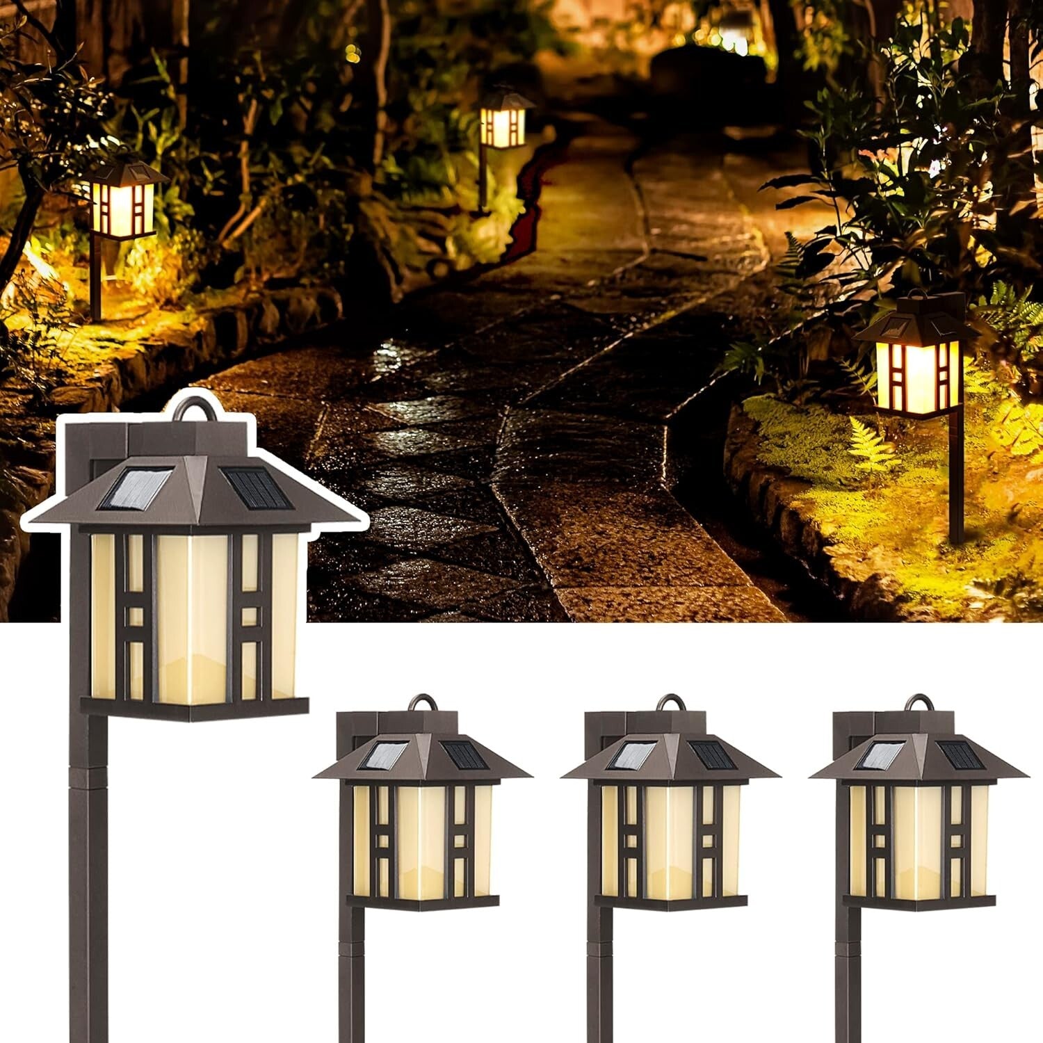Elegant Japanese Solar Lights - 4 Pack Waterproof Pathway Garden Illumination