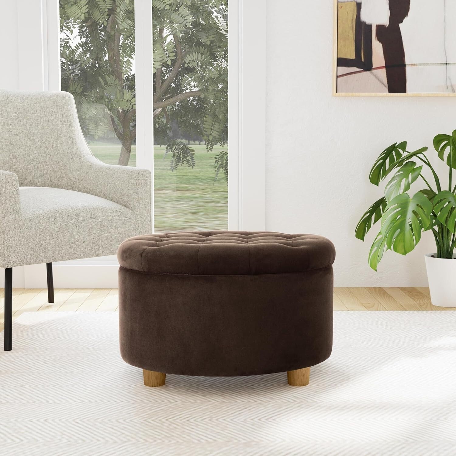 Chic Button Tufted Velvet Ottoman with Honey Oak Legs - Stylish Storage Solution