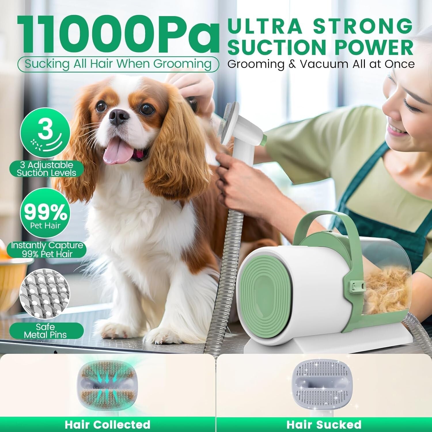 11000Pa Dog Grooming Vacuum with 7 Tools - Ergonomic Design & Low Noise Grooming
