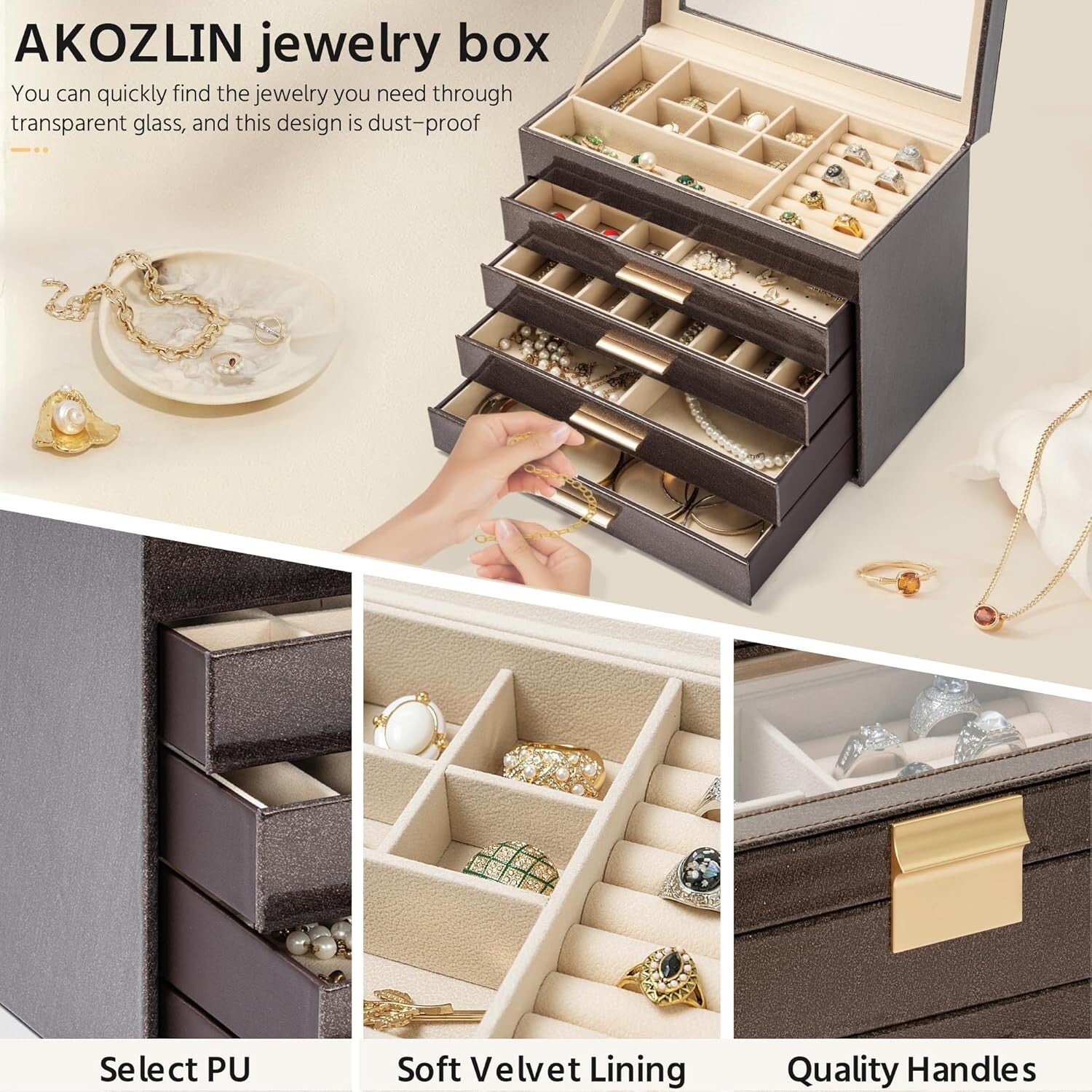 Stunning Clear Glass Lid Jewelry Box - 5-Tier Multi-Drawer Organizer for Women