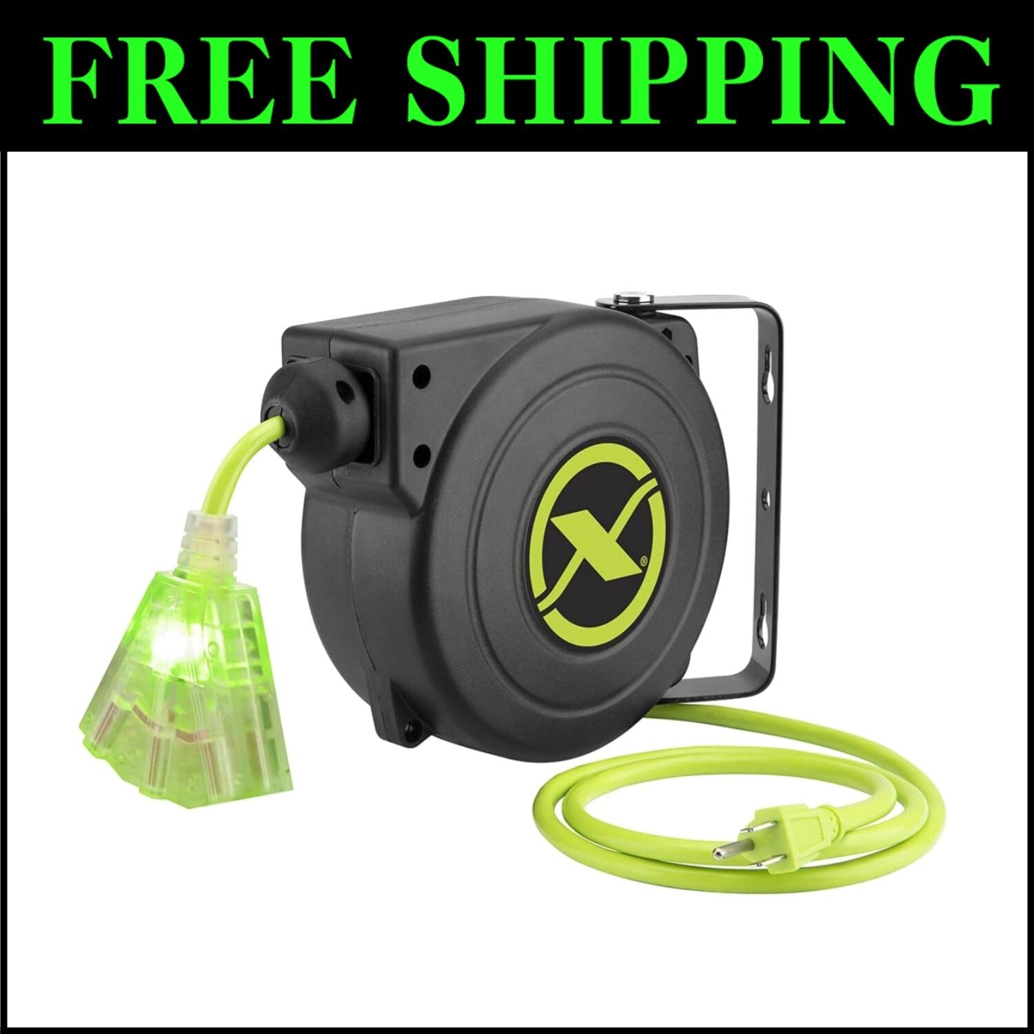 ZillaGreen 25 Ft Retractable Extension Cord Reel with Lighted Triple Tap Outlet