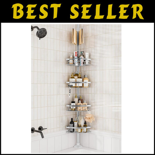 Stainless Steel Shower Corner Shelf with Adjustable Height & Towel Bar - Silver