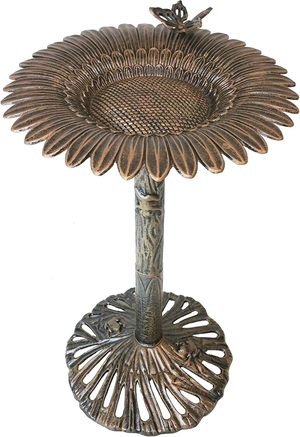 Durable Round 32-in Bronze Bird Bath with Butterfly Motifs for Outdoor Beauty