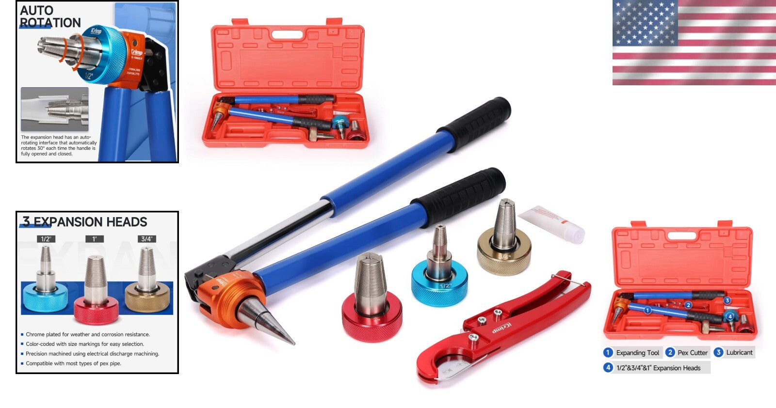 Manual PEX Expanding Tool Kit with Auto-Rotation for 1/2, 3/4 & 1 Inch Fittings