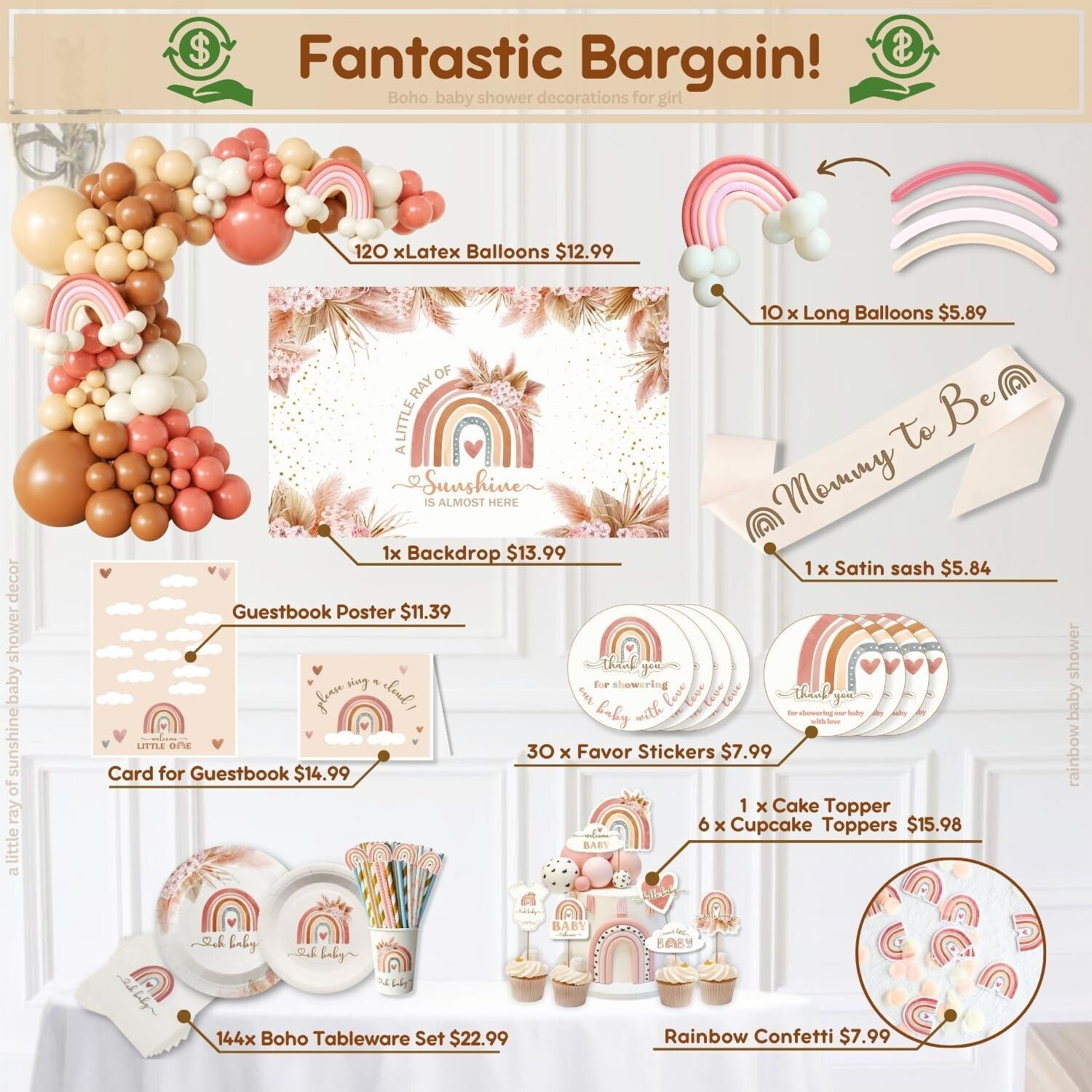 Elegant Boho Baby Shower Decorations - Complete Kit with Backdrop & Tableware