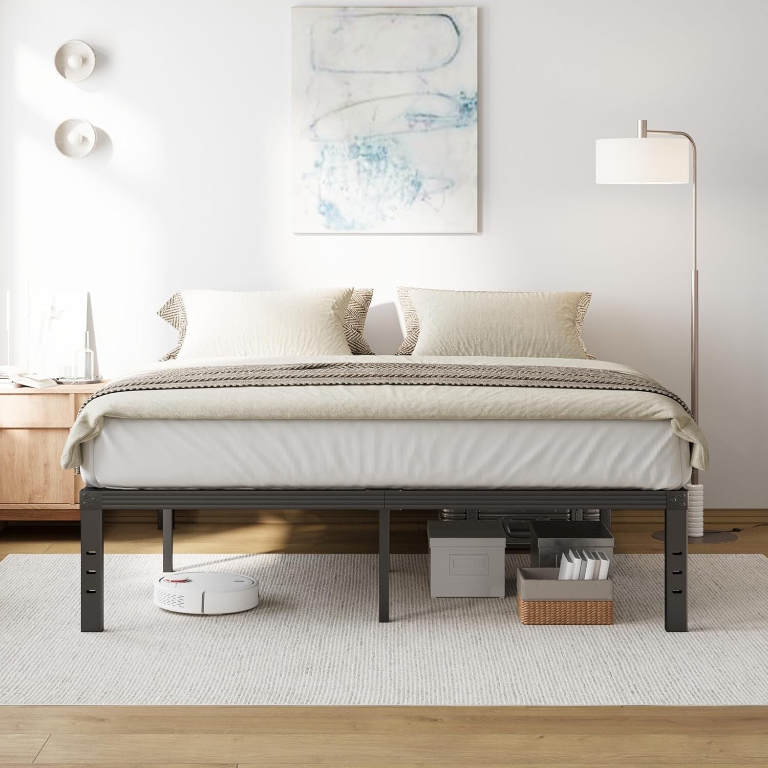 Durable King Metal Bed Frame: 16" Tall with Under-Bed Storage & No Box Spring