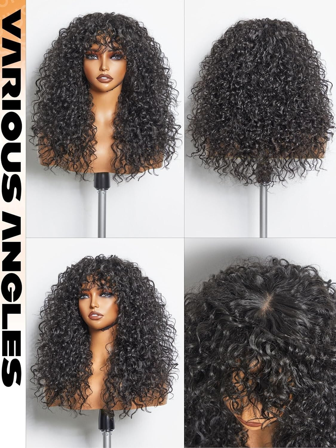 Effortless Style: 20-Inch Glueless Black Curly Wig with Face-Framing Bangs