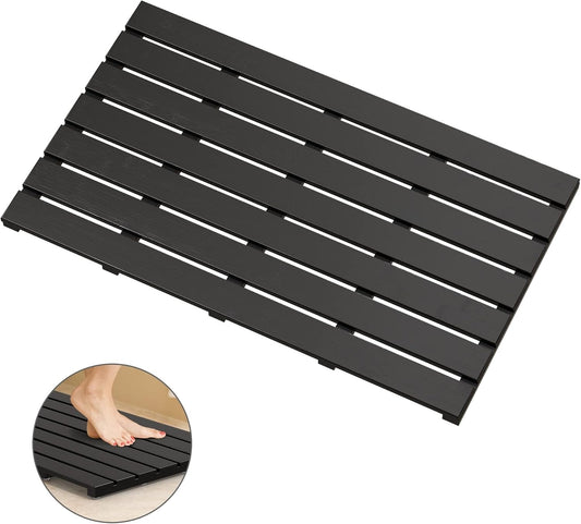 Elegant Black Bamboo Bath Floor Mat - Non-Slip and Waterproof, 31.3"L x 18.1"W