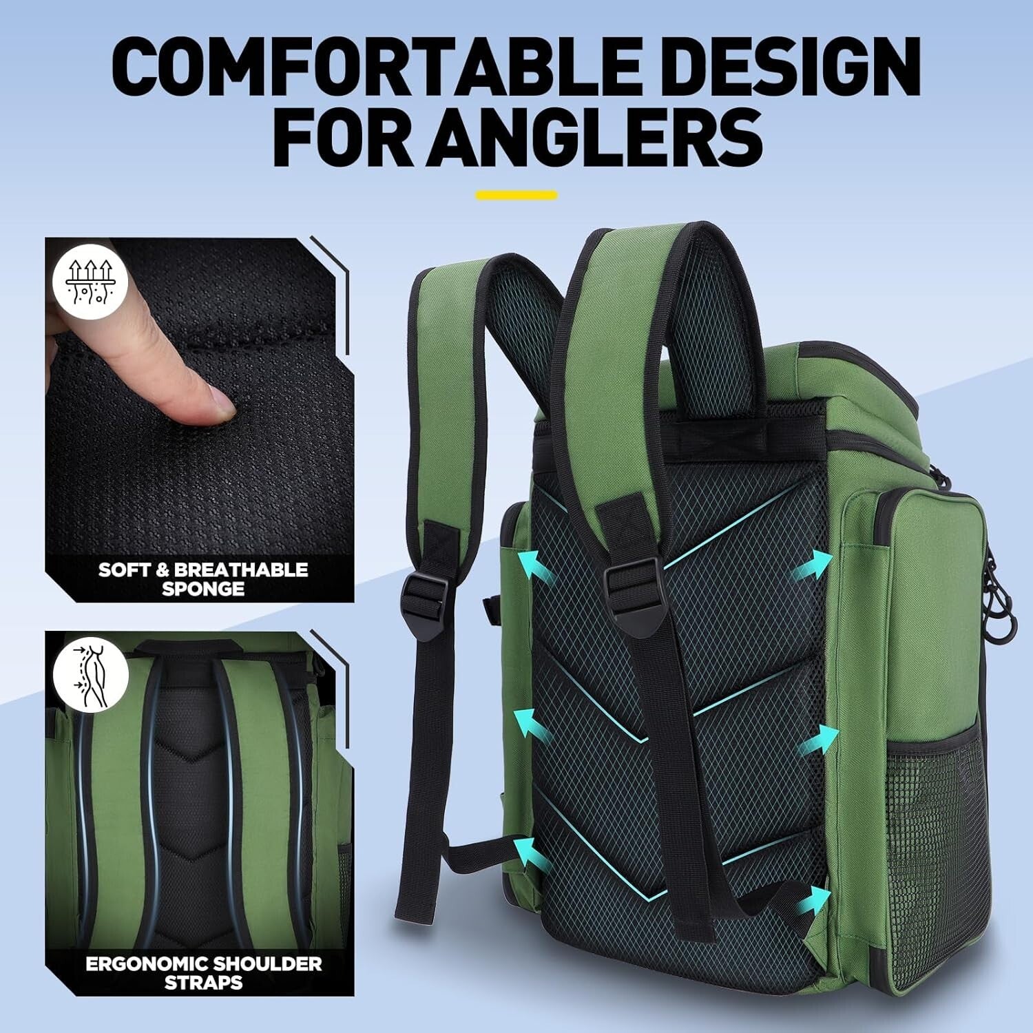 42L Large Capacity Fishing Tackle Backpack with Ergonomic Design and Rod Holders