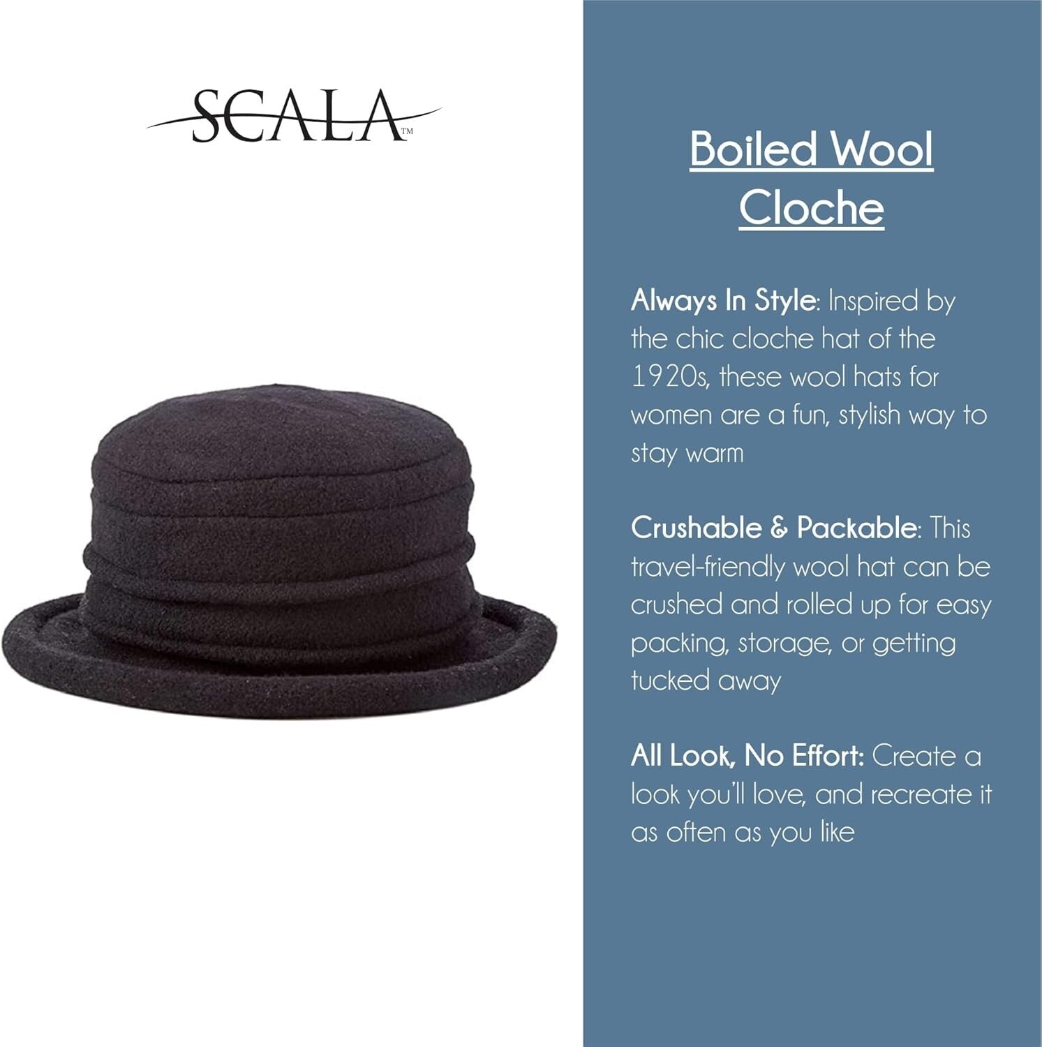 Hand-Washable Women's Stylish Boiled Wool Cloche Hat - Travel Friendly