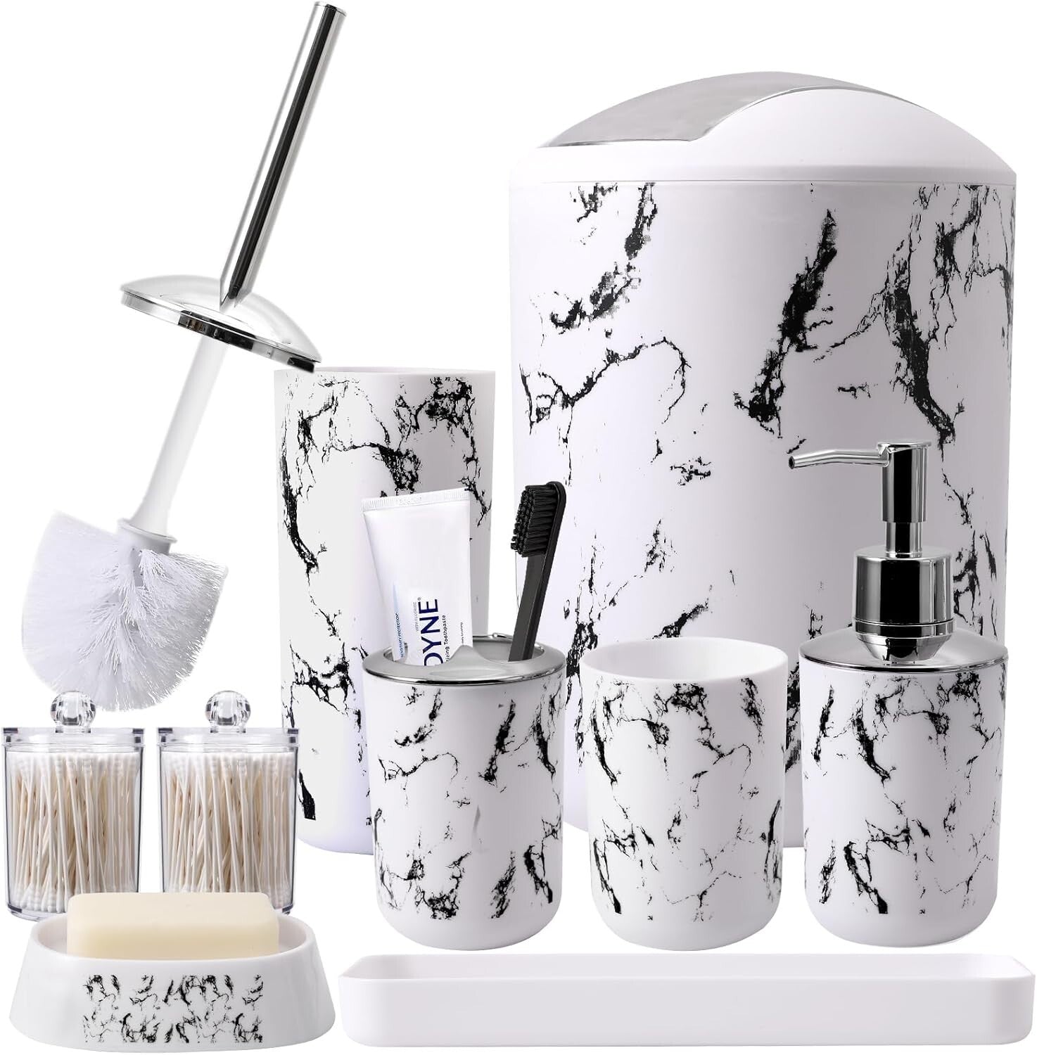 Complete White Marble Bathroom Collection - Trash Can, Soap Dispenser & More