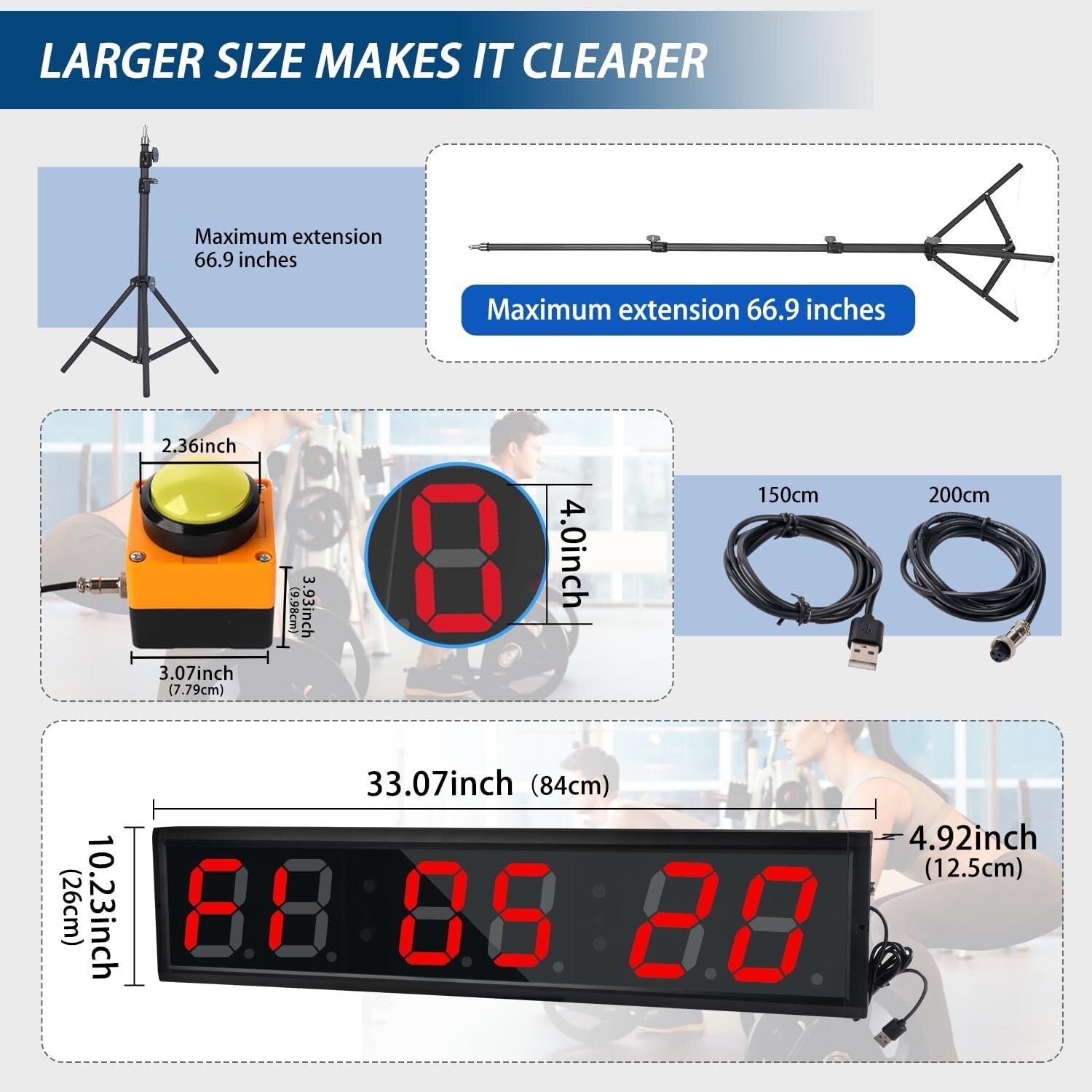 Large LED Gym Timer with Interval Programming & Adjustable Height - 11 lb Model