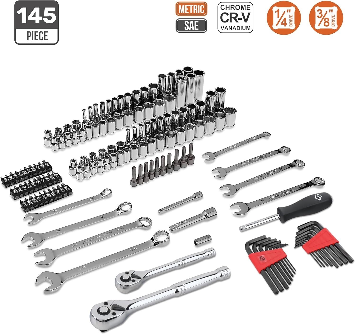 Durable SAE & Metric Mechanic Tool Set with Polished Chrome Finish - 145 Pieces