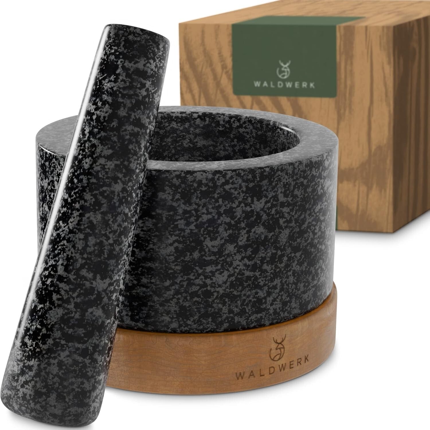 Extra Large Natural Granite Mortar and Pestle with Stylish Acacia Wood Stand