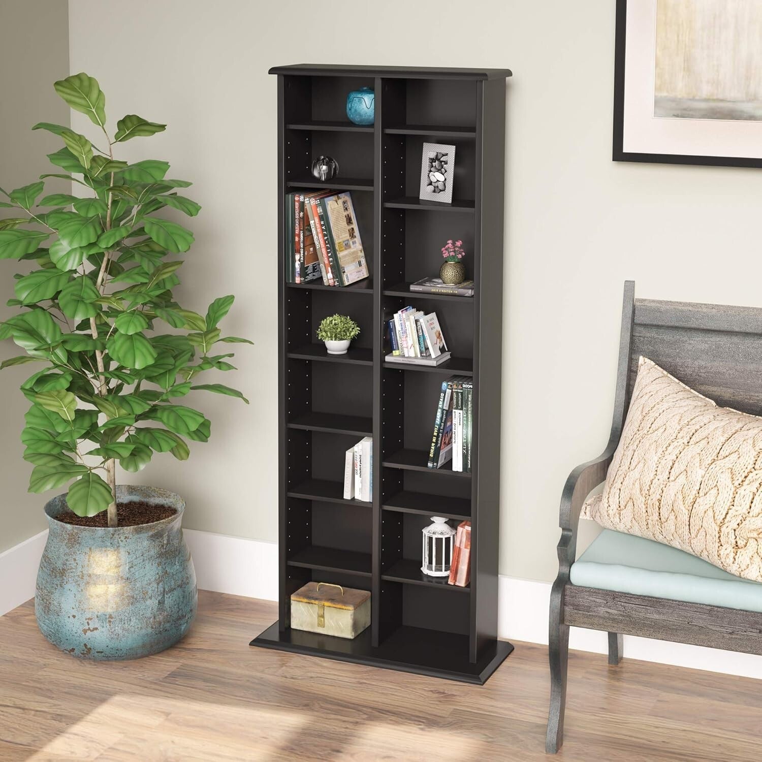2-Column Tall Media Storage Cabinet - 22" Wide Black Organizer for CDs and DVDs