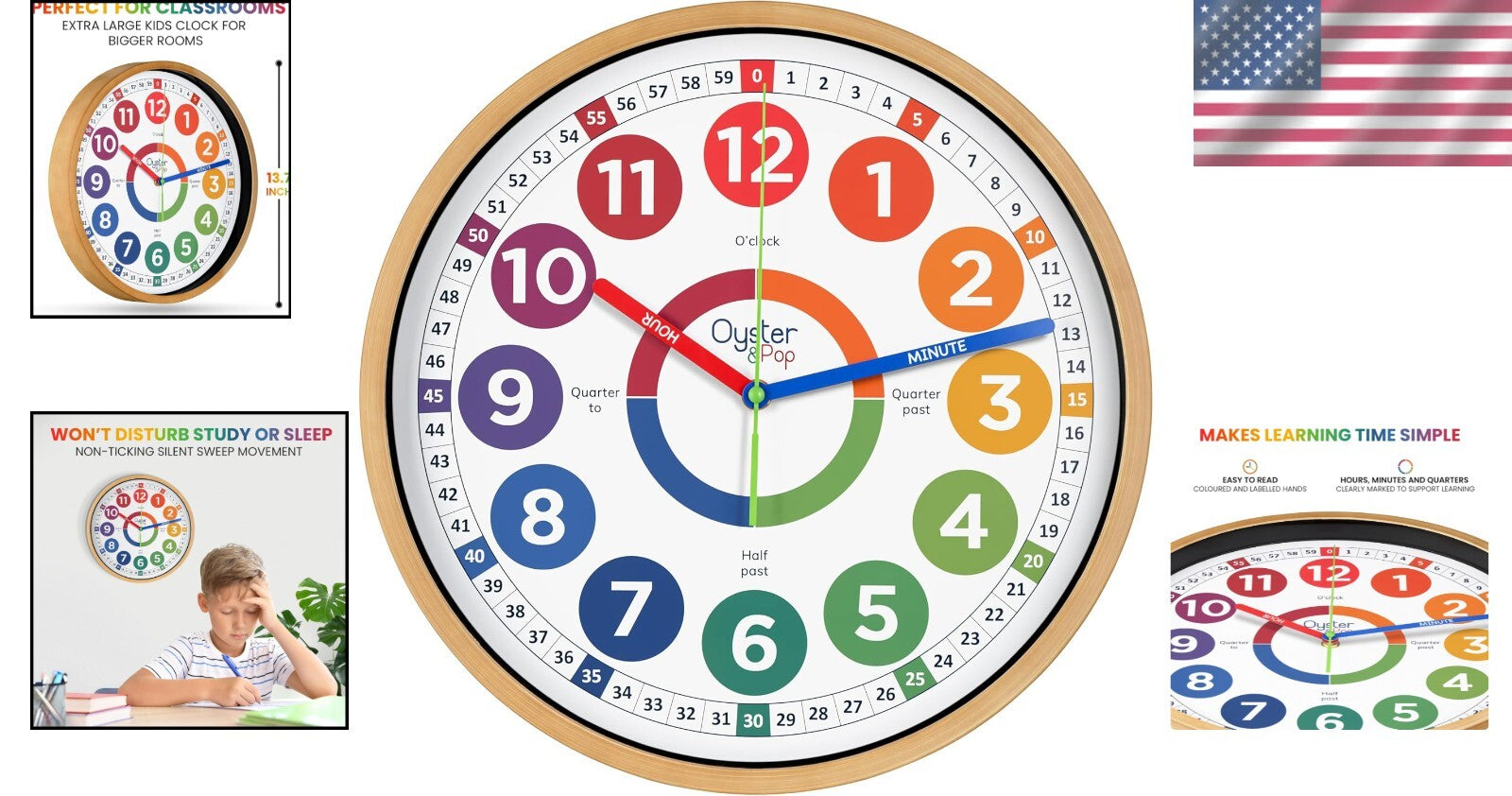 Kids 1 Inch Non-Ticking Learning Clock - Perfect for Classroom & Room Decor