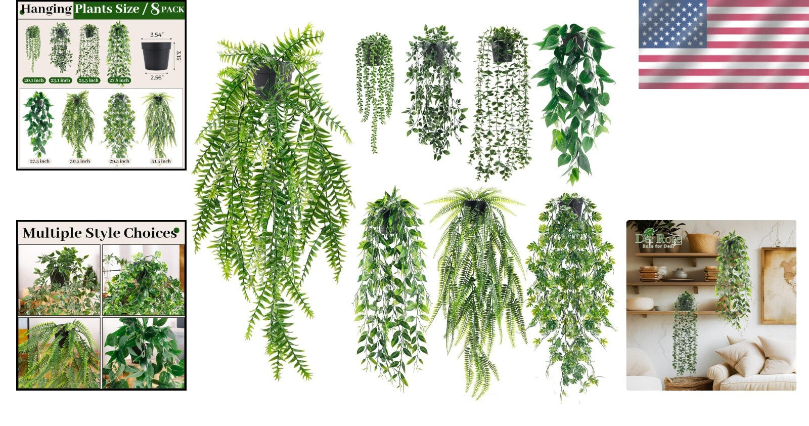 8Pcs Faux Ivy and Eucalyptus with Black Pots - Perfect for Any Room Decor