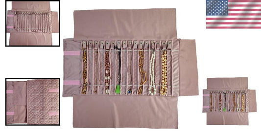 Elegant Portable Jewelry Roll in Embroidery Pink Velvet - 16 Holder Capacity