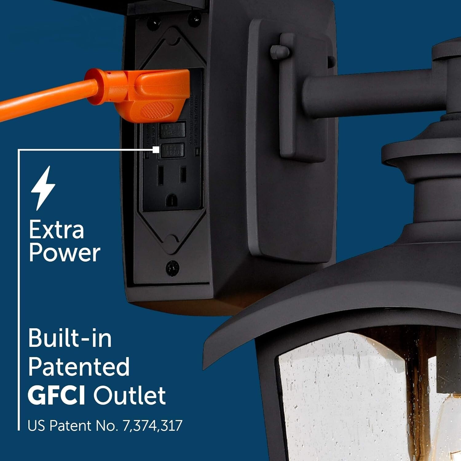 Elegant 1-Light Black Wall Sconce with Seeded Glass and Integrated GFCI Outlet