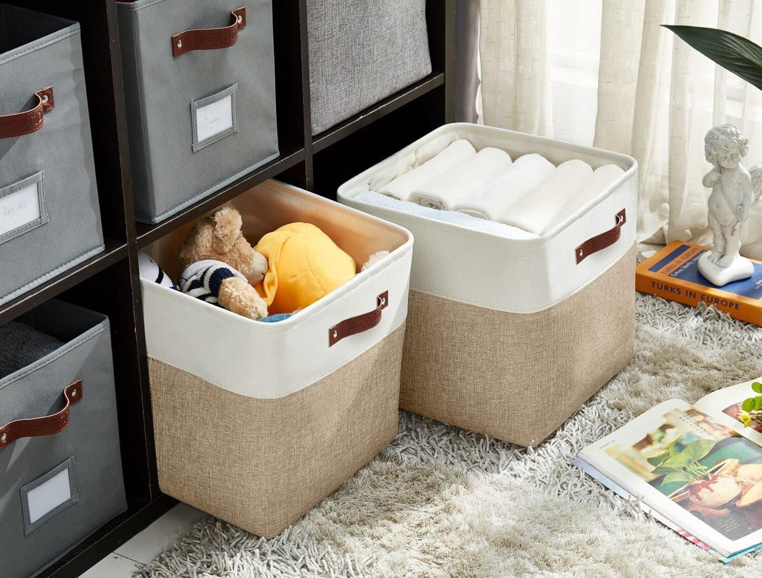 Durable 13 Inch Cube Storage Bins - Beige & White - Perfect for Organizing