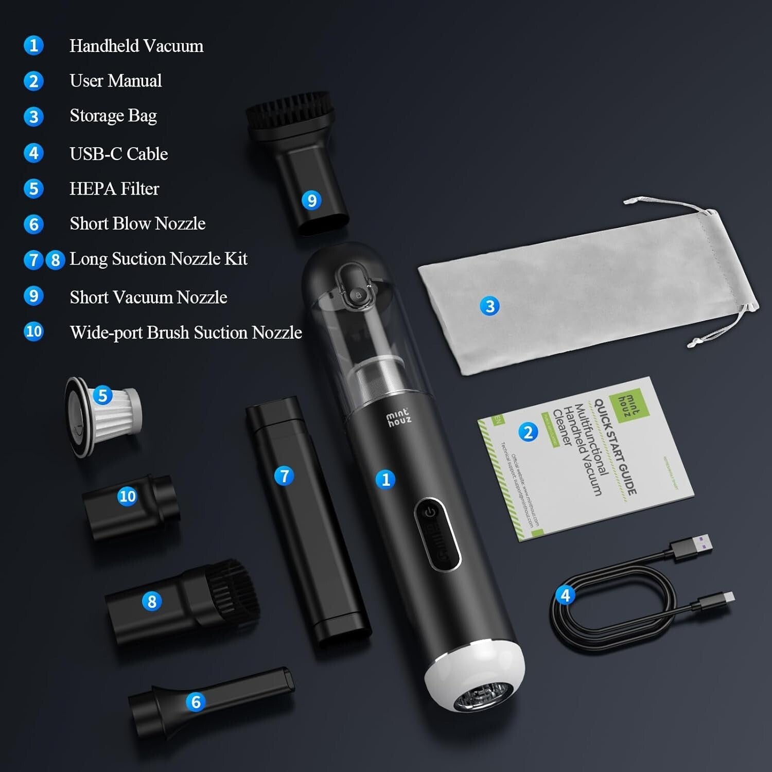 Portable Handheld Vacuum with LED Display & 5-in-1 Accessories - 20000PA Power