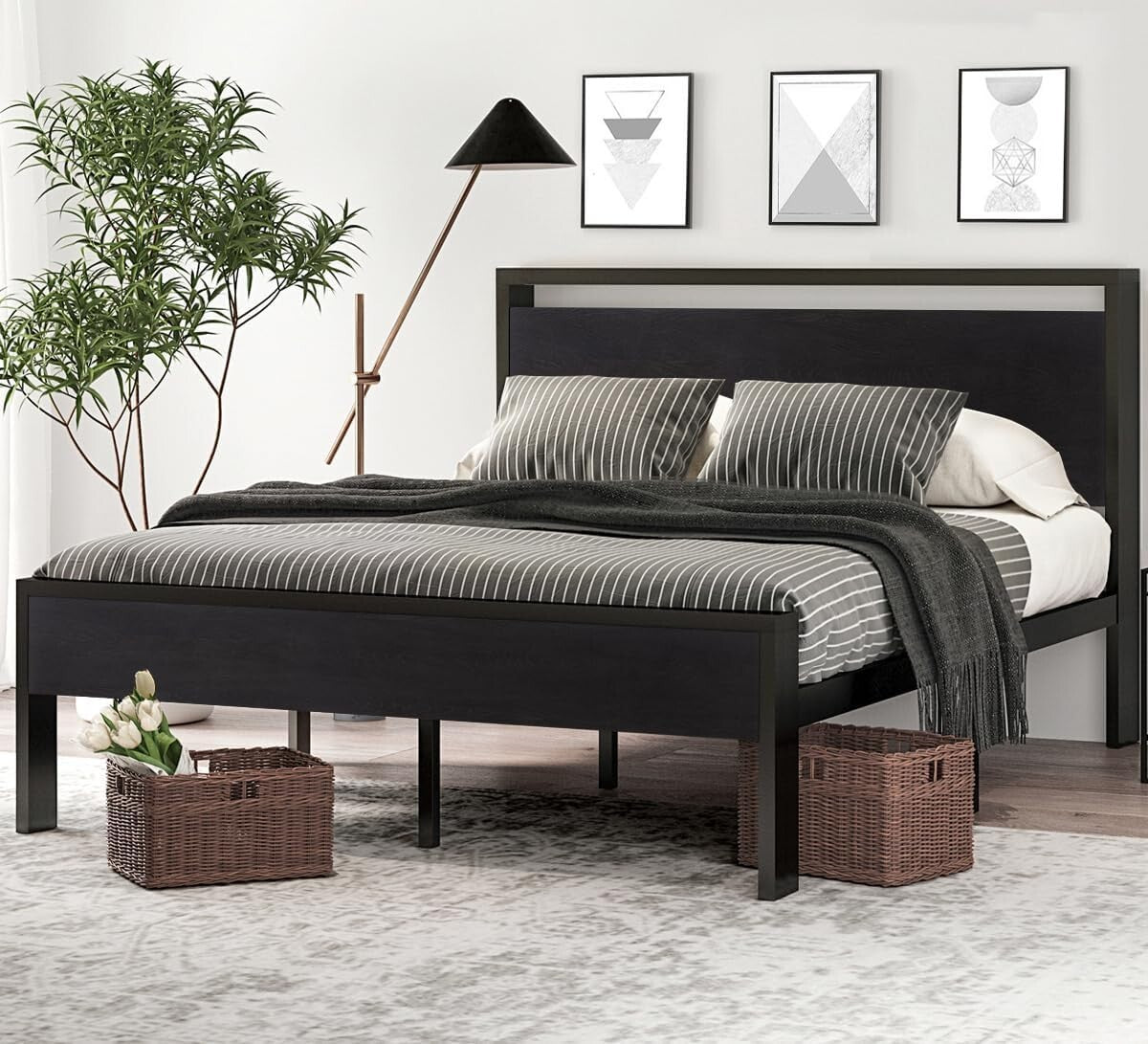 Sturdy 14-Inch Full Metal Platform Bed Frame with Rustic Black Oak Headboard