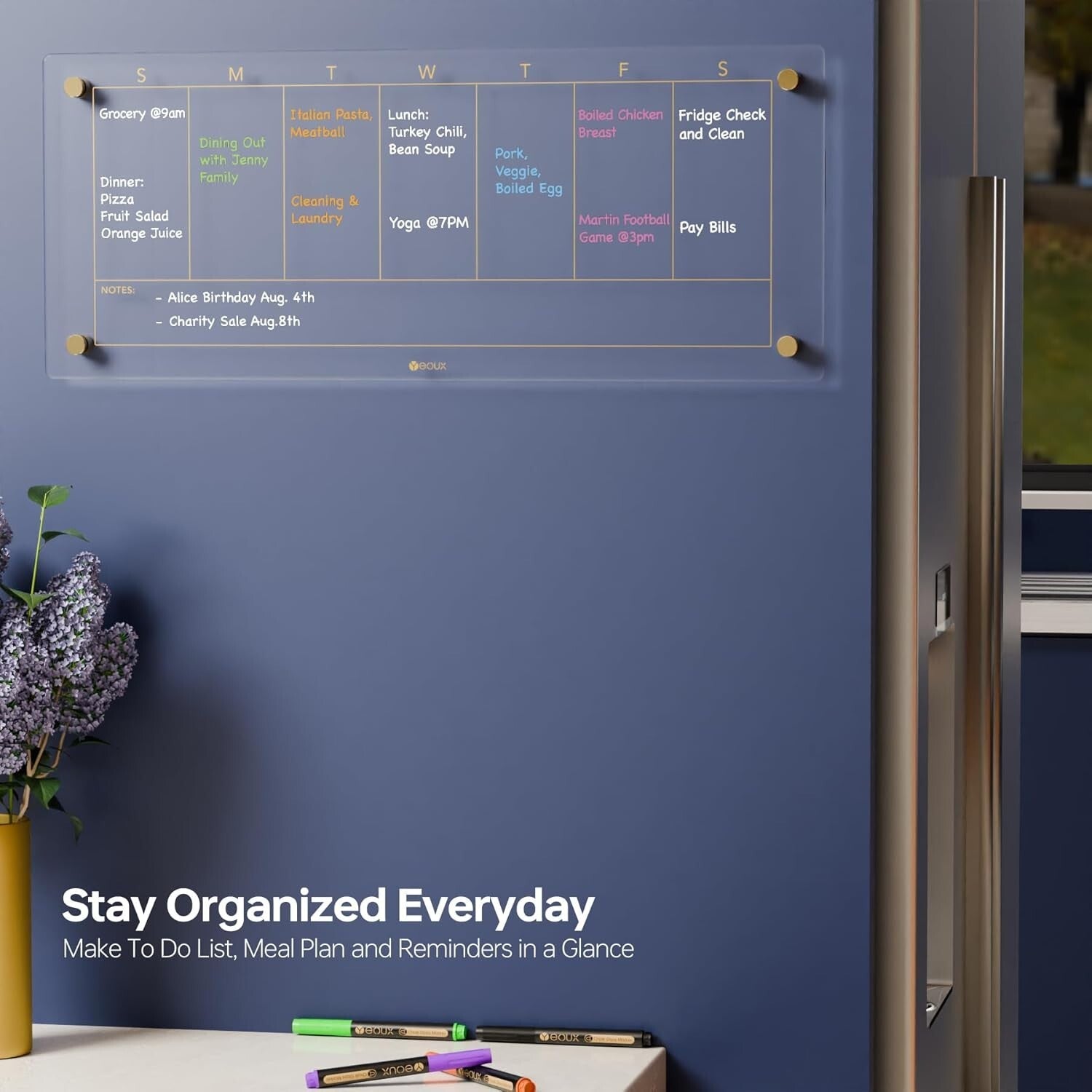 Elegant Glass Weekly Dry Erase Calendar with 4 Markers - 23x9.5 for Home Office