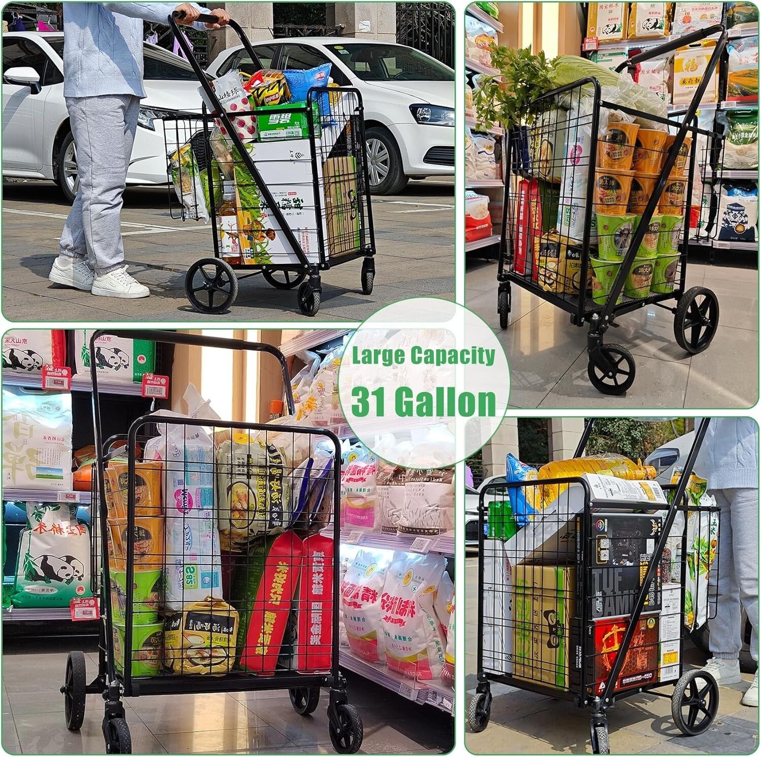 Heavy-Duty Folding Shopping Cart - 360° Swivel Wheels, Holds 440 LBS