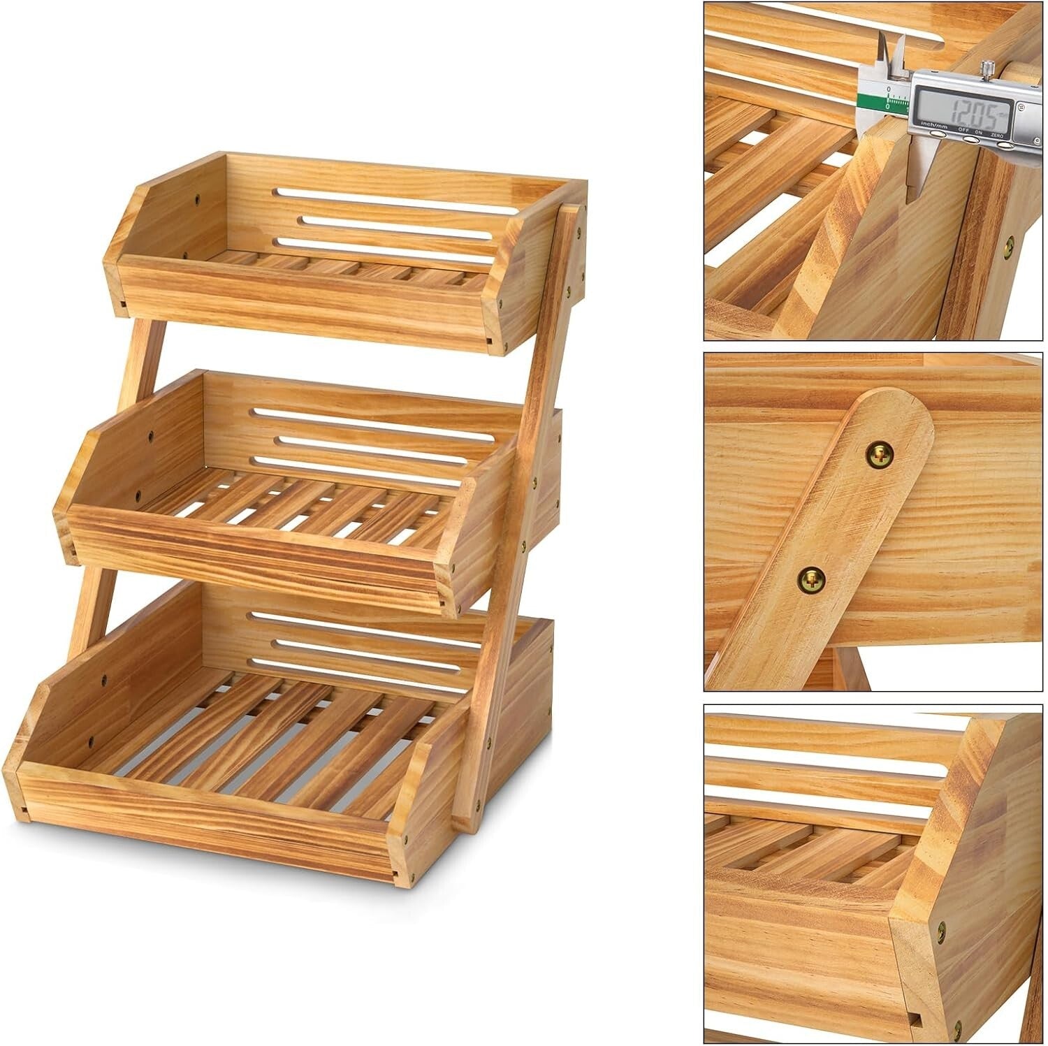 Elegant Wooden 3-Tier Fruit Basket in Pine for Stylish Kitchen Organization