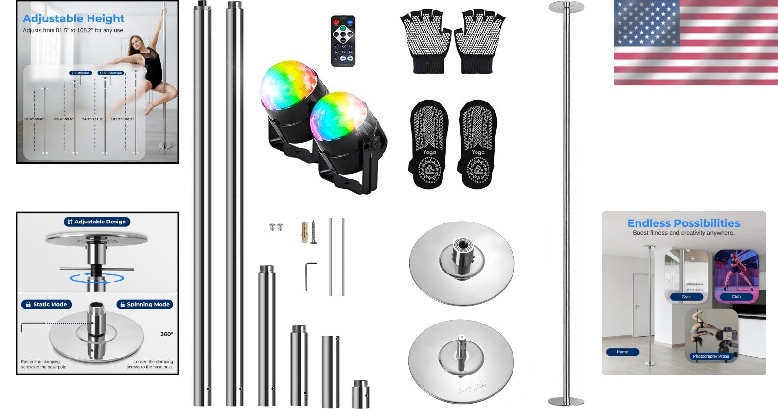 Enhanced Fitness & Dance: 45mm Chrome Pole with Adjustable Height & Party Lights