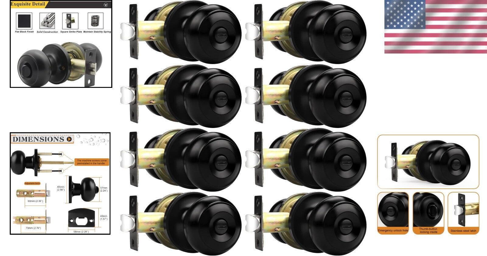 Matte Black Round Door Handles Set of 8 - Keyless Privacy Lock for Interiors
