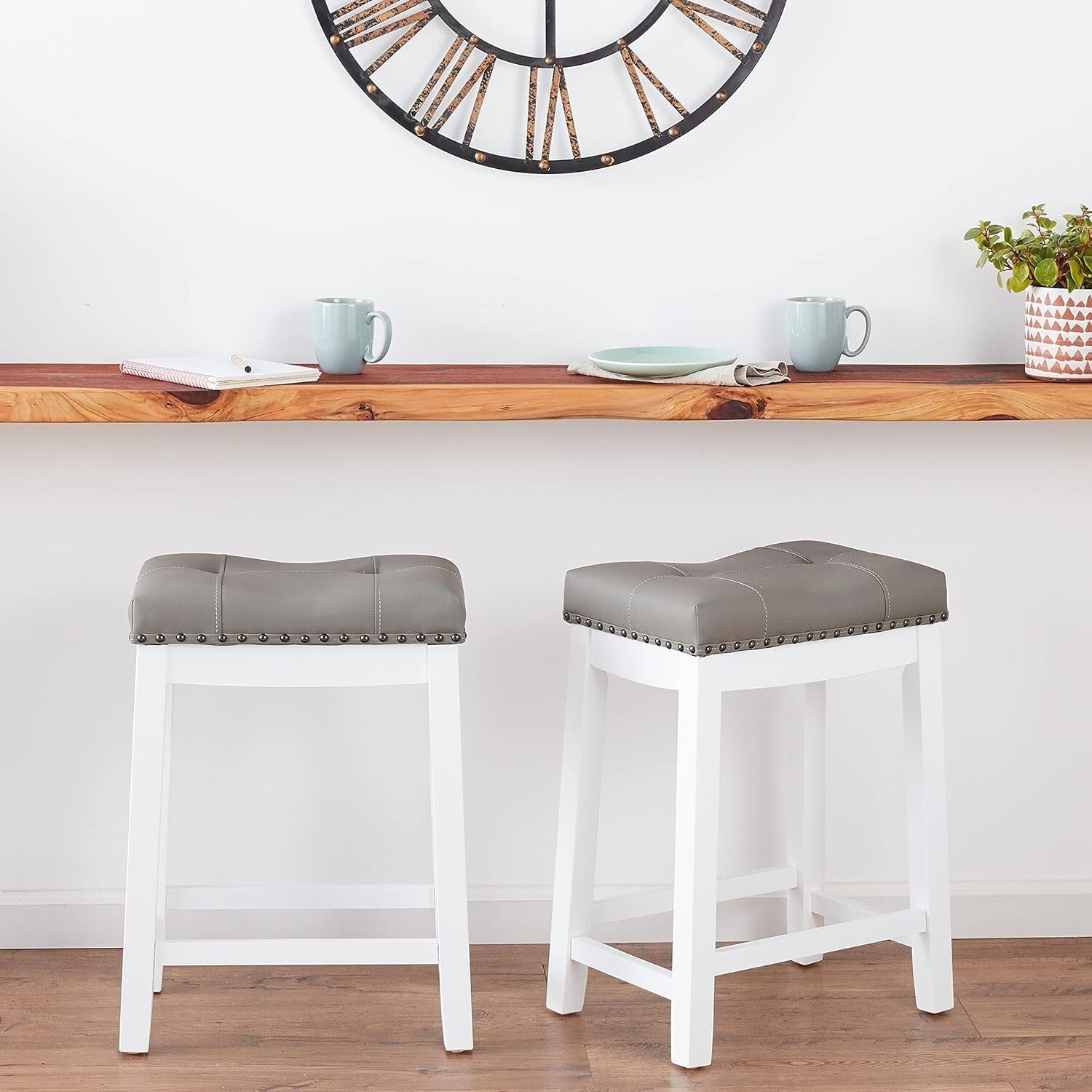 Elegant 24" White Bar Stool Set with Gray Cushion - Perfect for Counters