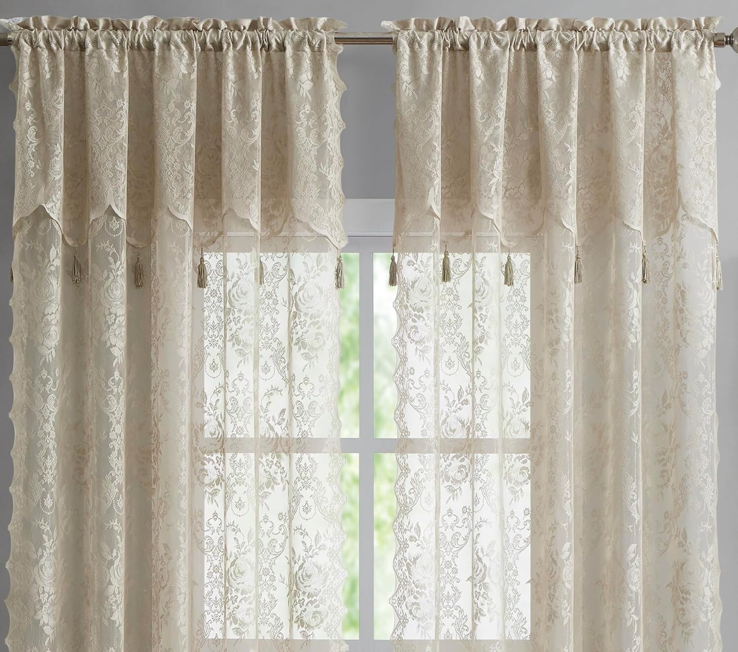 Elegant Pair of 2 Sheer Lace Curtain Panels with Valance & Tassels - 54x96 Linen