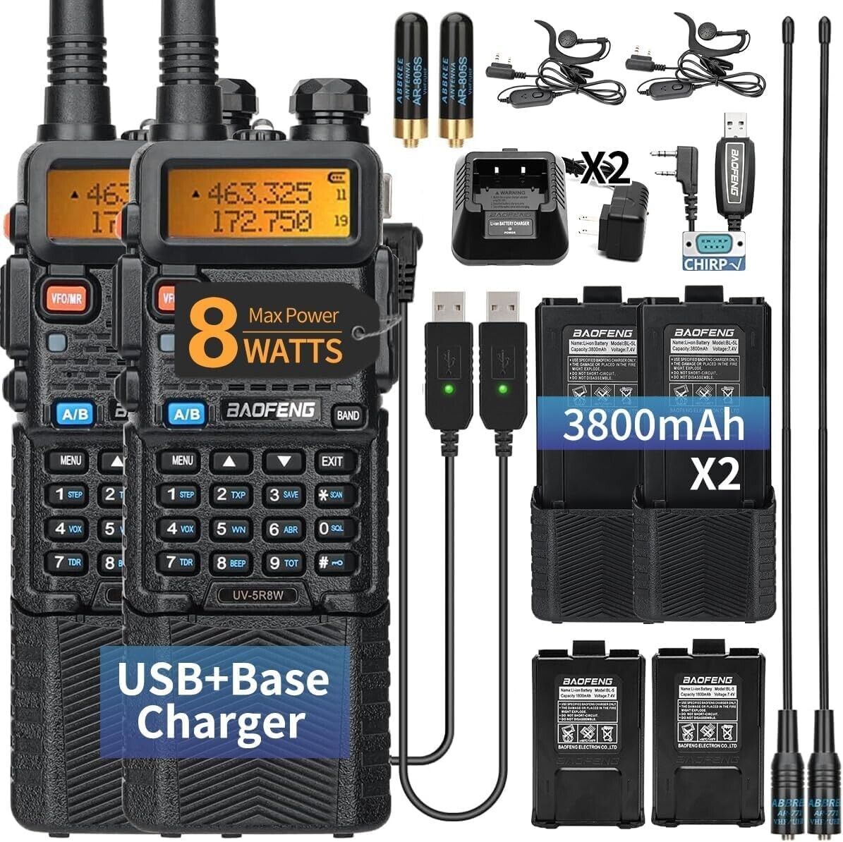 High Power UV-5R Handheld Radio: 8W Transmission, USB Charging + Earpiece Bundle