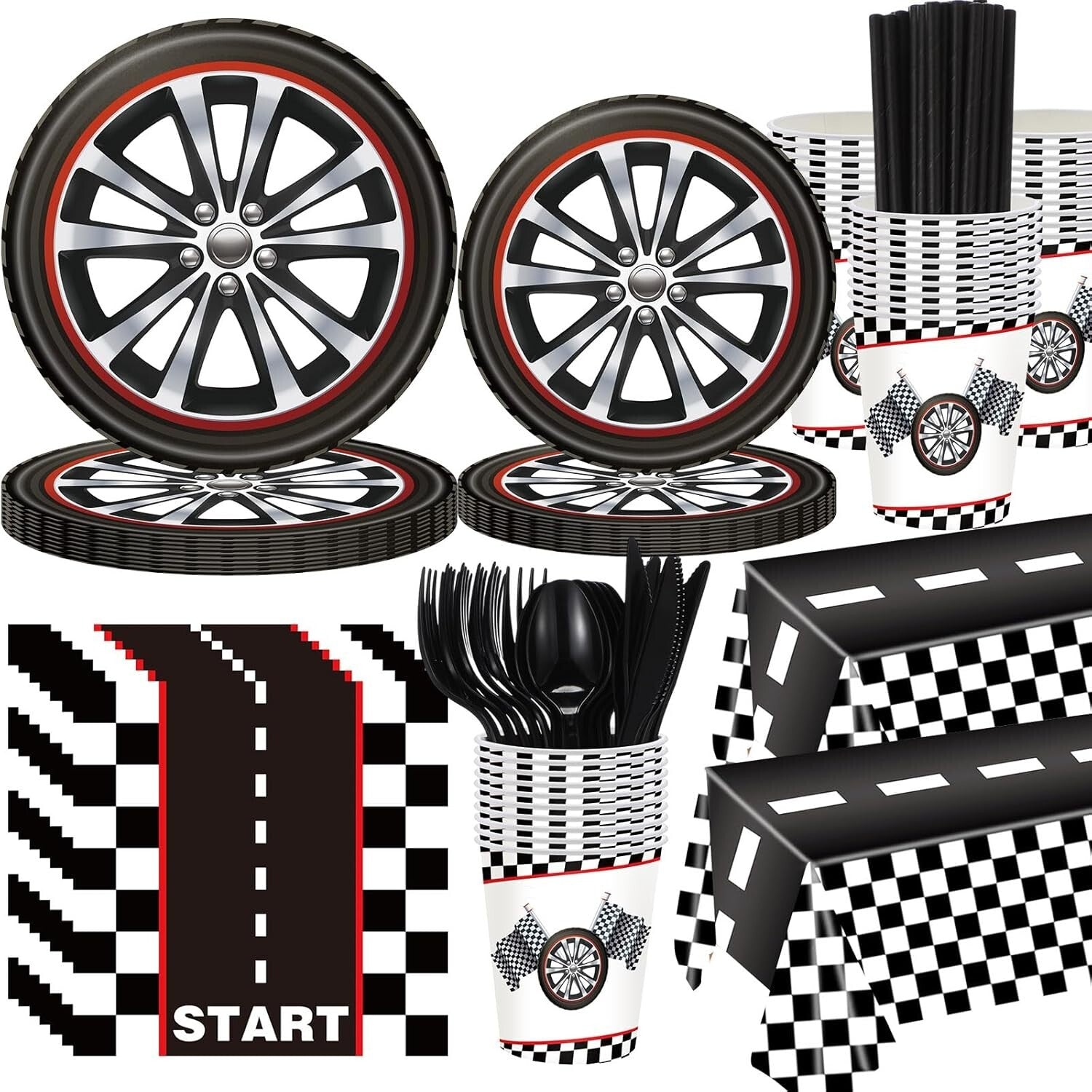 Stylish Race Car Birthday Decorations - Disposable Plates, Cups, and Cutlery Set