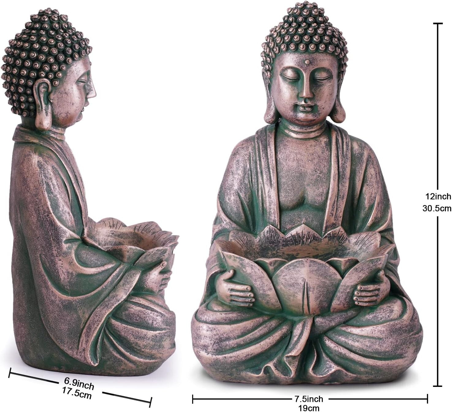 Meditating Buddha Sculpture - Indoor/Outdoor 12" Garden Decor with Glass Stones