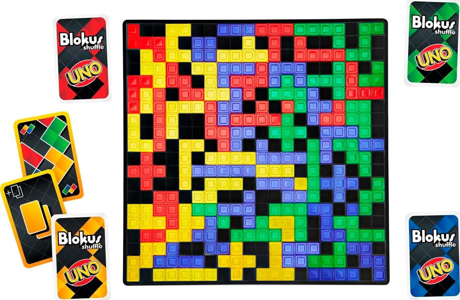 Exciting Blokus Shuffle: UNO Edition with Colorful Pieces & Black Gameboard