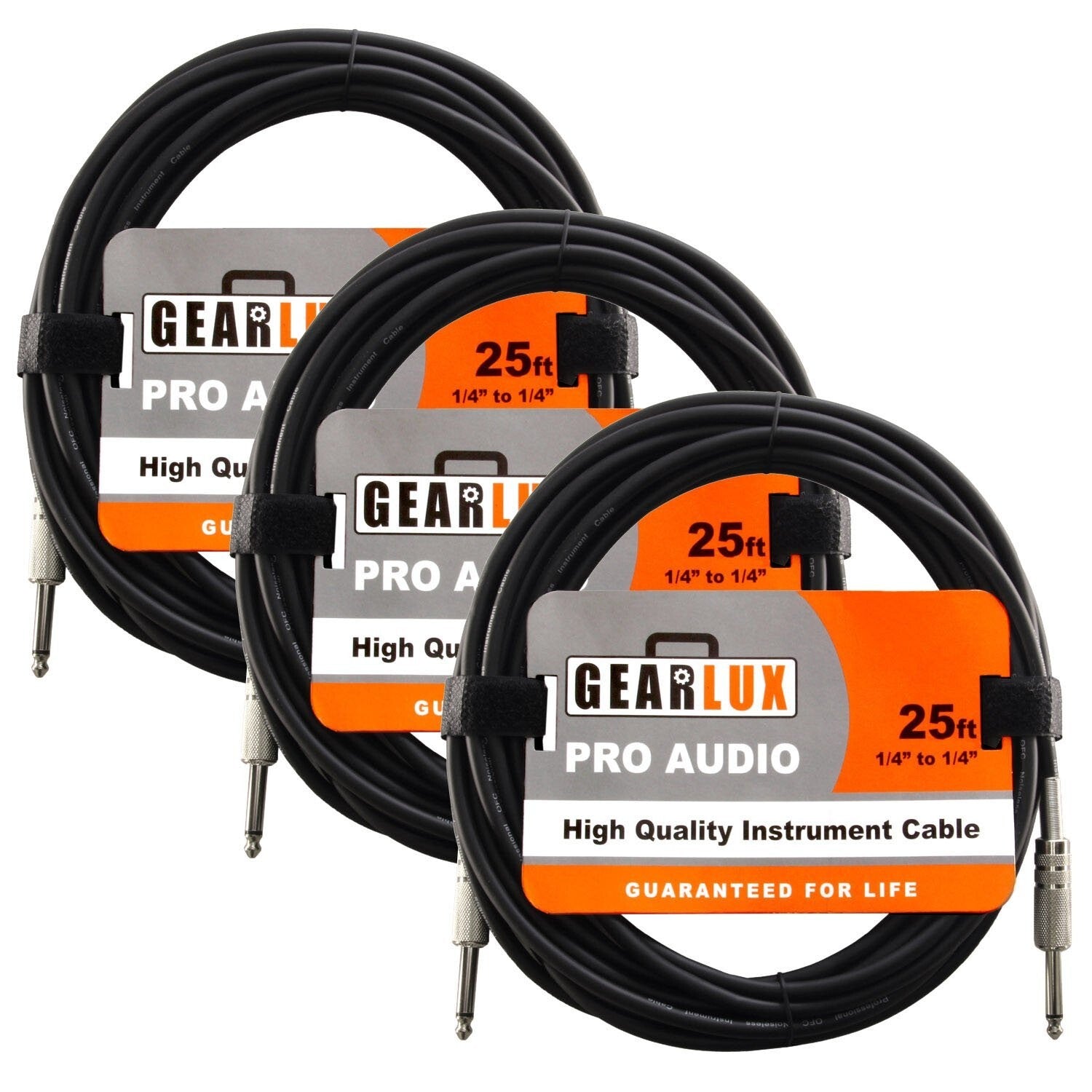 3 Pack Professional 25ft Black Guitar Cables with Straight 1/4 Inch Connectors