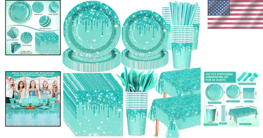 Elegant 452 Pcs Teal & Silver Birthday Party Set - Plates, Cups, Cutlery & More