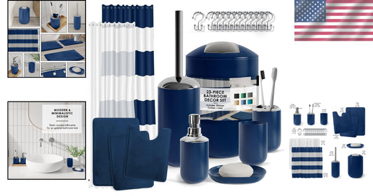 Elegant Navy Blue Bathroom Set with Rug, Shower Curtain & Accessory Essentials