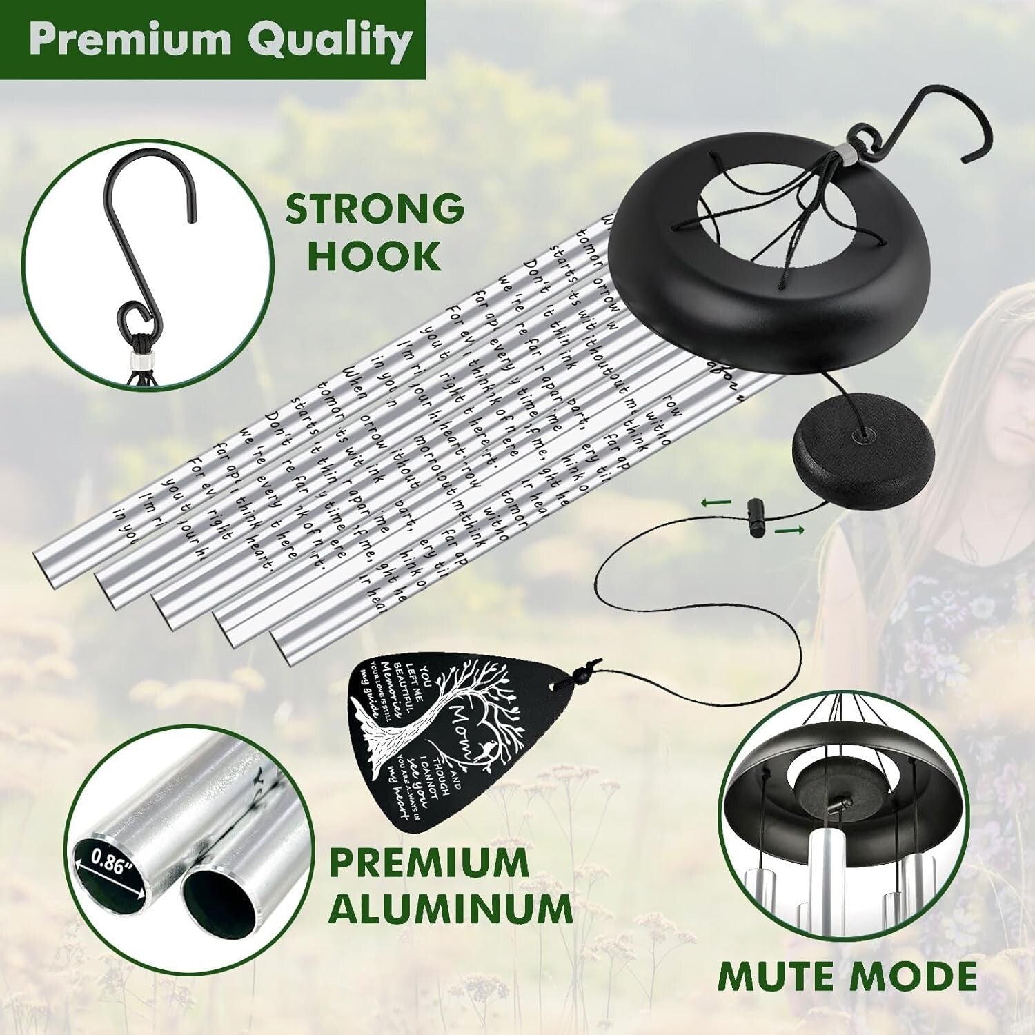 Aluminum Sympathy Wind Chimes with Soothing Notes - Thoughtful Memorial Gift
