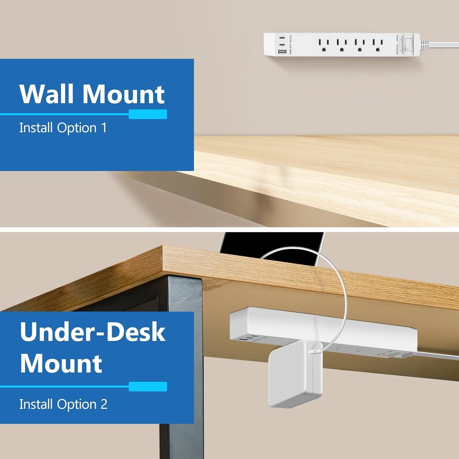 5ft Cord Surge Protection Power Strip: 4 Outlet & 3 USB Ports for Easy Access