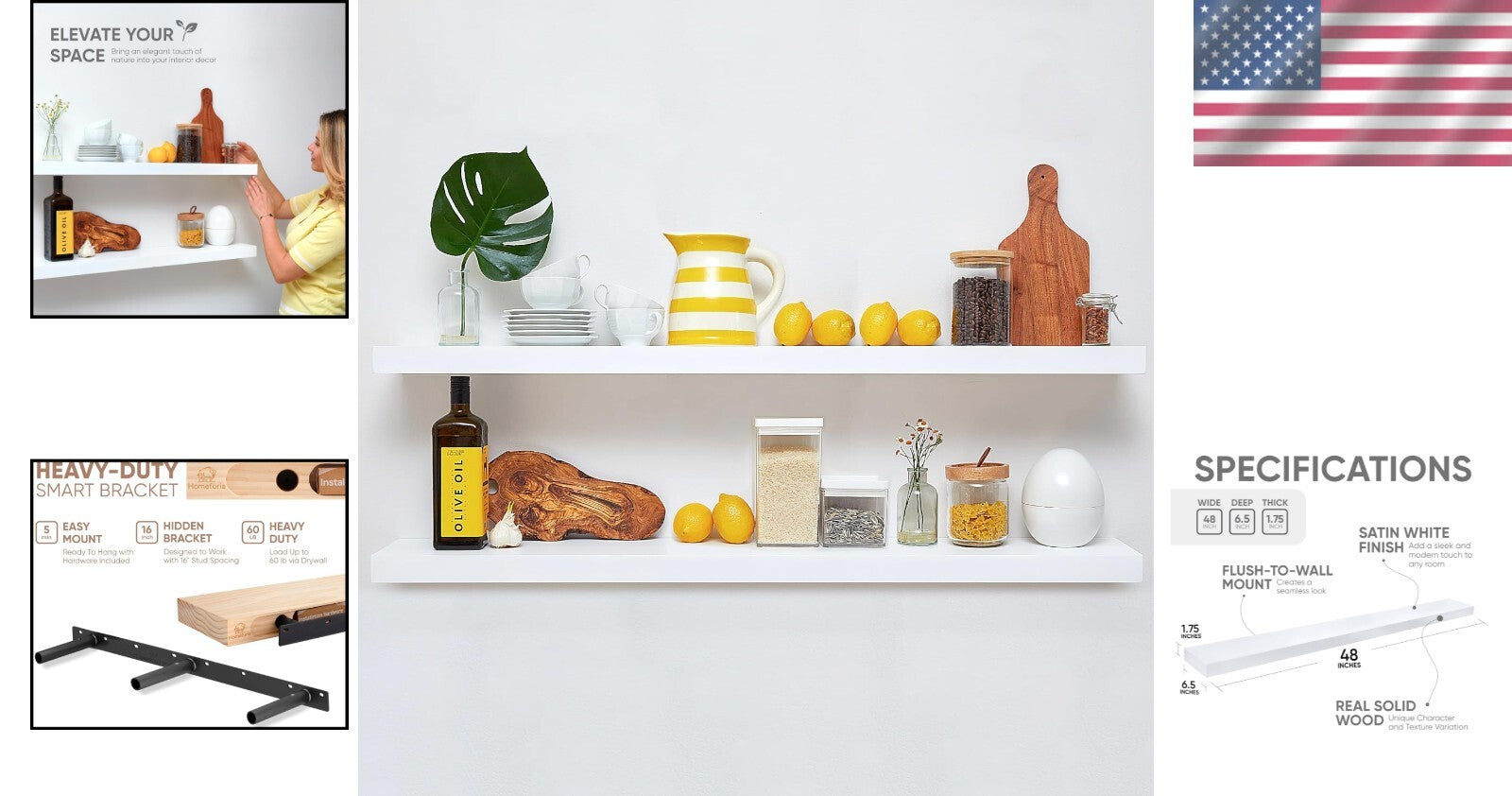 Heavy-Duty 48 Inch Floating Shelves - Elegant Décor for Kitchen & Bathroom