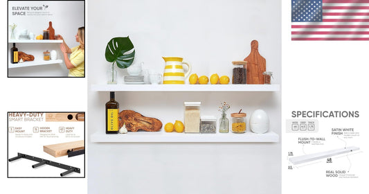 Heavy-Duty 48 Inch Floating Shelves - Elegant Décor for Kitchen & Bathroom