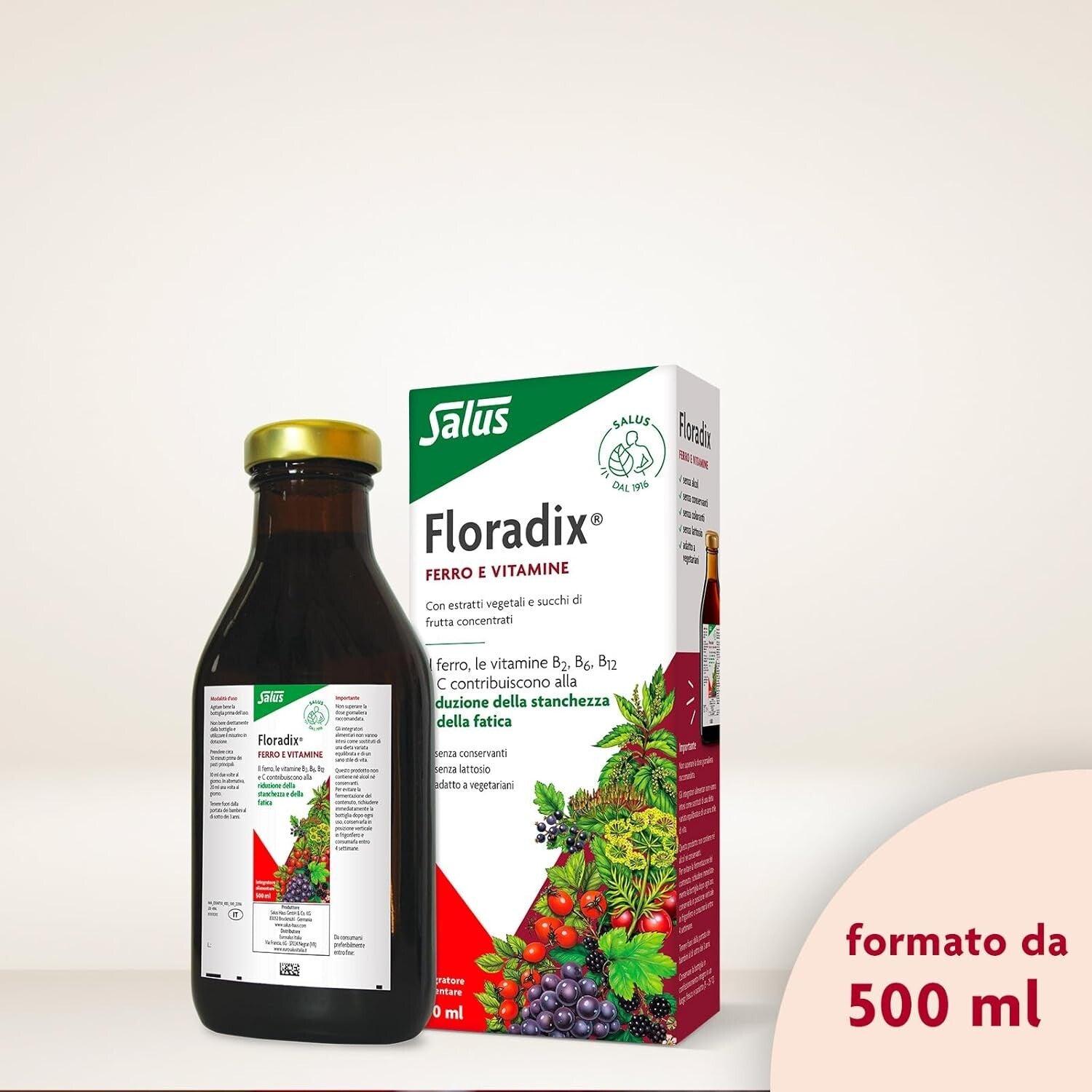 Floradix Iron + Herbs – Convenient 500 ML for Energy Boost & Healthy Metabolism