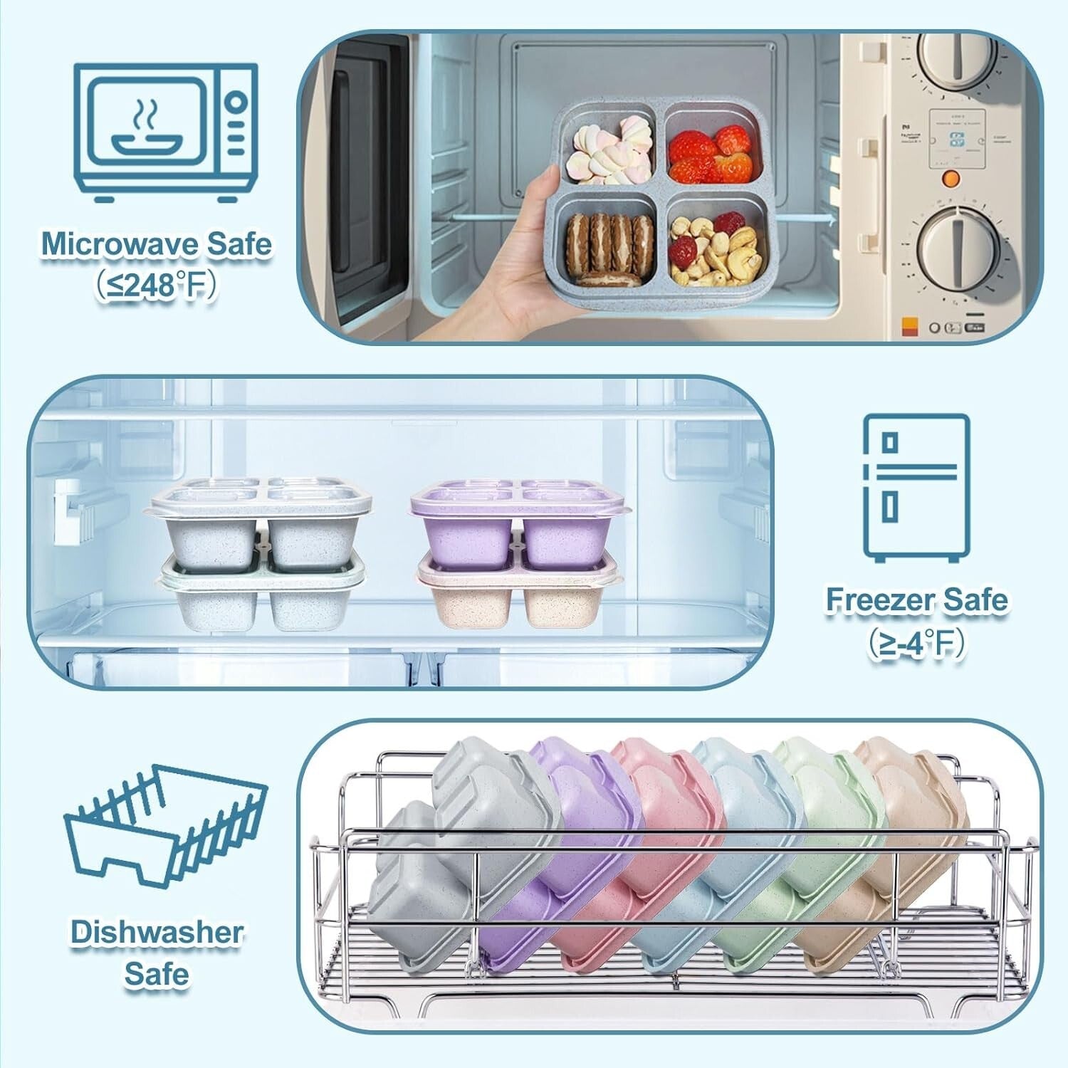 20 Pack BPA Free 4-Compartment Snack Containers - Microwave & Dishwasher Safe